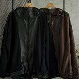 [Unisex] Synthetic Leather Mix Zip Hoodie (BROWN)
