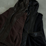 [Unisex] Synthetic Leather Mix Zip Hoodie (BROWN)