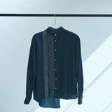 [Unisex] Mesh&amp;Shiny Design Band Collar Shirt (NAVY)