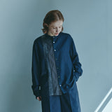 [Unisex] Mesh&amp;Shiny Design Band Collar Shirt (NAVY)