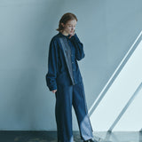 [Unisex] Mesh&amp;Shiny Design Band Collar Shirt (NAVY)