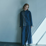 [Unisex] Mesh&amp;Shiny Design Band Collar Shirt (NAVY)