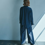 [Unisex] Mesh&amp;Shiny Design Band Collar Shirt (NAVY)