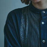 [Unisex] Mesh&amp;Shiny Design Band Collar Shirt (NAVY)