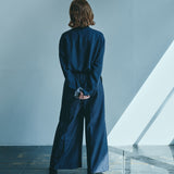 [Unisex] Mesh&amp;Shiny Design Band Collar Shirt (NAVY)