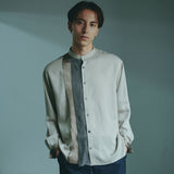 [Unisex] Mesh&amp;Shiny Design Band Collar Shirt (BEIGE)