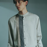 [Unisex] Mesh&amp;Shiny Design Band Collar Shirt (BEIGE)