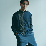 [Unisex] Mesh&amp;Shiny Design Band Collar Shirt (NAVY)