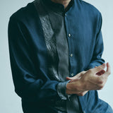 [Unisex] Mesh&amp;Shiny Design Band Collar Shirt (NAVY)