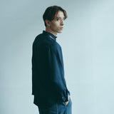 [Unisex] Mesh&amp;Shiny Design Band Collar Shirt (NAVY)