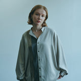 [Unisex] Mesh&amp;Shiny Design Band Collar Shirt (BEIGE)