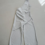One-Shoulder Drape Twill Pants (LIGHT GRAY)
