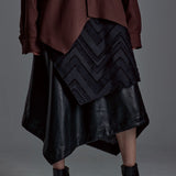 Synthetic Leather&Jacquard Layered Skirt